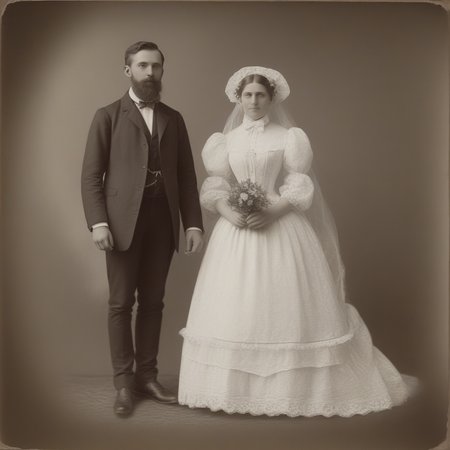 multiple boys, artist name, wedding dress, lace, frills, closed mouth, beard, shirt, husband and wife, bow