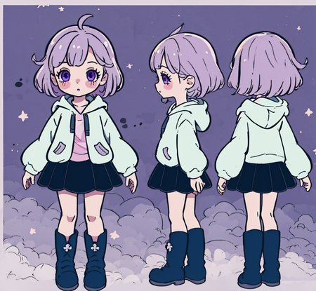 <lora:character-sheet:1.3> chara-sheet, chibi, boots, blush, simple background <lora:KaibastyleV1:1> kaibacharacter, pink hair, winged puffy hoodie, (blue frilly skirt), long striped socks, purple eyes, (masterpiece:1.5, best quality), 8k wallpaper, highres, high resolution,HDR.UHD,Highly detailed, extreme detail  <lora:GoodHands-beta2:0.8>