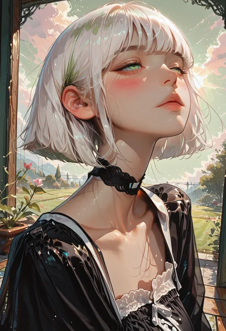 masterpiece, ultra-HD, cinematic lighting, photorealistic, impressionism, high detail, dramatic lighting, best quality, very aesthetic, 8k, simple pastel gradient green background, thick clouds, half close-up, multicolored white hair, bobcut hair, blunt bangs, blushing, asian woman, [[small head]], pretty woman, korean woman, choker, ear pierces, emotionless, slim body, large breasts, dynamic angle, dynamic pose, portrait, 1girl, black maid clothes, black socks, white short boots, in a garden, decorative victorian gossamer clothes, dazed, half closed eyes, looking away, sitting, thick legs, sunset, pastel cyan eyes, Flatline, Flat vector illustration,
<lora:DetailedEyes_V3:1> <lora:USNR_STYLE_ILL_V1_lokr3:0.45> usnr <lora:ponyv6_noobV1_2_adamW:0.9> <lora:GENESIS_MK0.2:0.5>  <lora:KoreanStyleSDXLvpred10:1> AiKoreanStyle, lips, korean, asian <lora:KRGRL-IL:1>