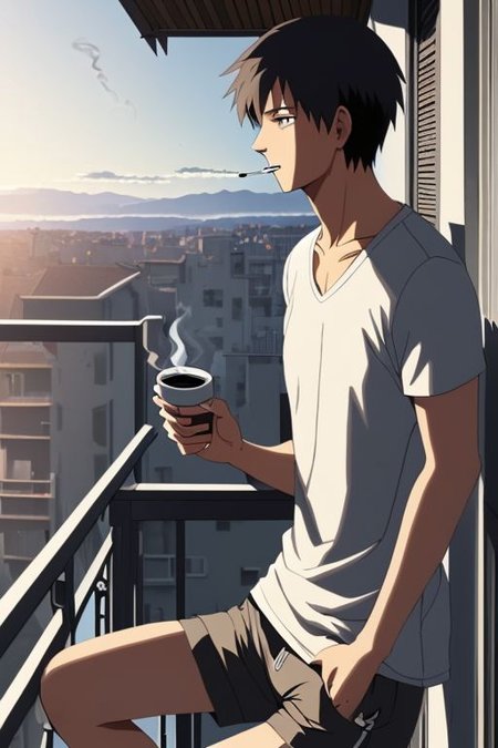 high resolution, solo, best quality, 1Boy, Takaki Toono, Brownish Hair, Brown Eyes, home balcony, morning, cigarette, coffee, t-shirt, shorts, looking away, OverallDetail