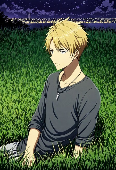 high resolution, solo, best quality, 1Boy, Yamato Ishida, Blond Hair, Necklace, grass, middle night, OverallDetail