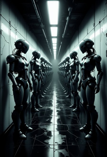 (Dark sci-fi horror corridor, stretching from left to right, with rows of deformed robots standing eerily like mannequins from Silent Hill. Each robot is slightly damaged, with missing parts and unsettling poses, cracked or fractured heads and limbs, casting eerie shadows on the white, cracked walls and black marble floor. The atmosphere is haunting, with dim, cold lighting that enhances the sense of dread, creating a surreal, unnerving corridor scene. Rendered in hyper-realistic detail, the image is smooth and sharp, with every element captured with crystal-clear precision and lifelike clarity. highly detailed, ultra detailed),  <lora: - Flux1 - vanta_black_V1.0:0.5>,  <lora:ck-nc-pastel-cyberpunk:0.6>,  <lora:Neon_Noir_FLUX:0.5>,  <lora:scifi-robot-flux:0.7>,