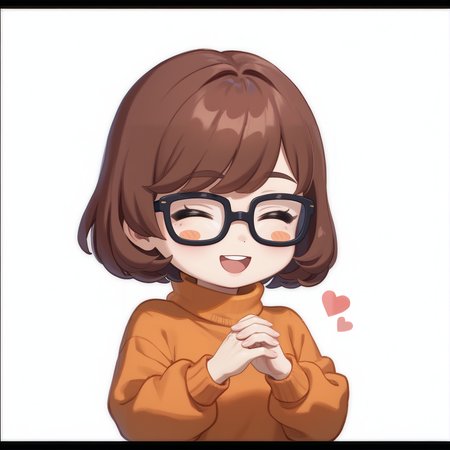score_9, score_8_up, score_7_up, rating_safe, zPDXL2,  zPDXLxxx, zPDXL3, source_anime, <lora:GenshinChibi:1.2>, 
GenshinChibi, chibi, 1girl, solo, border, black border, velma, brown hair, short hair, orange sweater, sweater, 
blush, smile, open mouth, closed eyes, :d, ^ ^, ^_^, glasses, blush stickers, 
own hands together, palms together, 
white background, 
hearts,  <lora:Velma:0.6>, dutch angle,