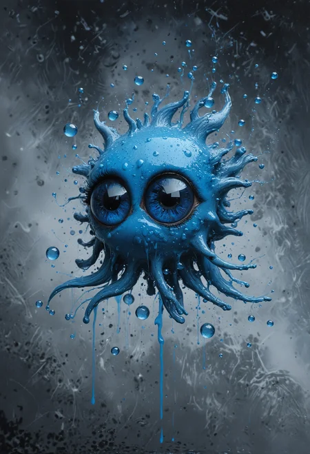 In a cool grey-toned background, a splash of bright azure blue paint with large shiny cartoony black eyes, surrounded by lighter blue embers, its body and tendrils have a glossy dripping quality with tiny bubbles and dynamic splashes that give a sense of movement, frozen mid-splash, <lora:xl_more_art-full_v1:0.4>, <lora:add-detail-xl:1>, <lora:MJ52:0.4>