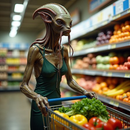 bizarre female alien creature with tentacles and a large bony forehead crest, dressed like a suburban mother, pushing a shopping cart shopping for groceries in a grocery store, strange alien fruits and vegetables, photo