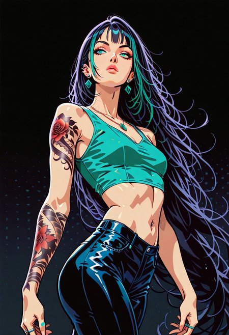 masterpiece, best quality, 32k, high resolution, absurdres, JeddtlIL, Mia, MiaRH, very long hair, black hair, aqua streaked hair, small breasts, slim, piercings, full arm tattoo, beautiful lips, Pierced navel, simple background, gradient background, screentones, red-black background,  multiple views, comic page, comic strip, necklace, finger rings, crop top, leather pants, makeup, earrings, insets, comic book panels, manga, halftone, high contrast, flat colors, vector art, sketch, dynamic pose, multiple angle views, multiple poses