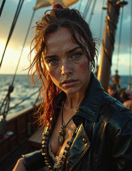Hollywood Cinematic Film style, epic photography, dramatic light, Kodak film style,
A hyper-detailed, cinematic close-up of a fierce and unyielding high-seas rebel, her expression intense with unwavering determination, her dirt-smeared freckled skin illuminated by the last golden rays of the setting sun. Her striking deep blue eyes, framed by wild, windswept brown hair streaked with scarlet threads, reflect the chaos of a life spent braving the open ocean. Clad in a weather-beaten, soaked black leather coat with frayed edges and worn seams, she wears a bullet-laden bandolier across her chest, glinting ominously against the dimming light. The ship sways beneath her feet, its towering masts and tangled rigging stretching toward a sky darkened by impending storms, while the sea churns violently behind her, waves crashing in a symphony of raw power and untamed fury. The entire scene is bathed in an intense, warm cinematic glow, contrasting with the cold brutality of her environment. Every minute detail—from the moisture glistening on her skin to the intricate texture of her soaked garments—creates an immersive, high-stakes atmosphere of rebellion, survival, and the relentless pursuit of freedom on the lawless high seas.
 <lora:FluxDFaeTasticDetails:0.3> <lora:MoriiMee_Gothic_Niji_Style_FLUX:0.45> <lora:Hollywood_Cinematic_Film_style_v1:0.6>
