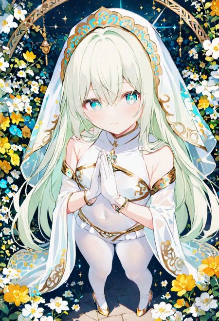 Best quality, masterpiece, fantasy flower garden, view from above, one petit priestess girl with flat chest, shining hands bound in prayer, standing upright, detailed light green long loose hair, priestess' veil, cute smooth face, gentle smile, detailed light blue eyes, detailed make up, jewelry, pure white clothes, shawl, white turtleneck leotard with long sleeves and gloves, slim waist, slim belly, thick clavicle, micro skirt, thick hips, thick thighs, white tights, heels