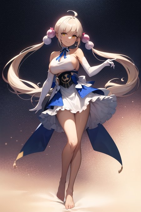 2d, masterpiece, best quality, anime, highly detailed face, highly detailed eyes, highly detailed background, perfect lighting, full body, 1girl, solo, tsukumo sana, hair ornament, low twintails, ahoge, smile, dress, halterneck, blue skirt, white skirt, elbow gloves, sideboob, standing, barefoot, starry background <lora:sana-000020:0.7>