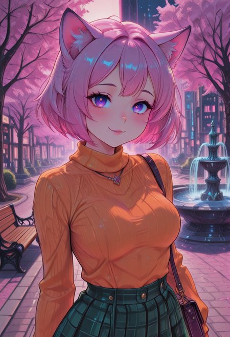 (masterpiece, best quality:1.3), pink hair, purple eyes, cat_ears, yandere, gentle smile, medium breasts, loving_gaze, looking_at_viewer, BehindCatgirl, CatGirlStyle,orange shirt,plaid skirt,bob cut,sweater, city, outside, park, fountain, bench, CivChan, sakura, cherry blossoms, pinkneoncybercore, purse, cute, night