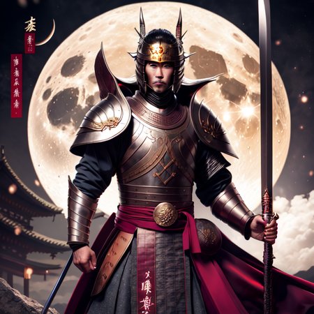 photo, a man in armor holding a sword in front of a full moon (FantasyDaimyo style:1)  <lora:djzFantasyDaimyoV21:0.8>