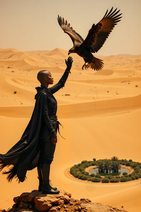 An African woman with a shaved head and striking cheekbones stands on a rocky outcrop in the middle of a golden desert, her gloved hand raised as a massive eagle descends toward her. Her black attire contrasts sharply against the sunlit dunes behind her, and her piercing gaze follows the birdâs descent with quiet authority. The wind stirs her cape, sending small grains of sand swirling around her boots. A lush, hidden oasis shimmers in the distance, its reflection glinting in her dark eyes. <lora:FluxMythR3alisticF:0.4><lora:midjourney_whisper_flux_lora_v01:0.4><lora:aidmaMJ6.1-FLUX-V0.1:0.4><lora:Movie_Portrait:0.4><lora:Flux DetailerV2:0.4>