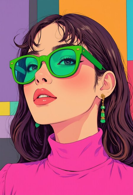 Close up portait, Upper body of a beautiful woman,soft smile, eyeliner, dressed in pink turtle neck, green tinted sunglasses, earrings, smooth skin , flat comic color illustration , sunny bright environment , slight make up ,
, photography, shot on 50mm lens, ultra wide angle, depth of field, hyper-detailed, beautifully color coded, insane detail, intricate details, beautiful color grading, Unreal Engine, cinematic, color grading, Editorial Photography, Photography, Photoshoot, 70mm lens shot , Depth of field, DOF, Tilt blur, Shutter speed 1/1000, F/22, balance, 32k, Super resolution, Megapixel, ProPhoto, realistic, ultra-realistic, film photograph, Cinestill 800T