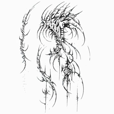 masterpiece, best quality, anime girl, ghost in the shell style, cyberpunk, cybersigilism, neotribal, tribal style tattoo, sketch, highlights, sparkle, gradient, greyscale, monochrome, no humans, white background, simple background, solo