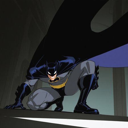 <lora:BATMAN_2004:1>batman_2004, solo, 1boy, full body, male focus, boots, teeth, belt, black footwear, cape, mask, bodysuit, squatting, clenched teeth, black bodysuit, black cape, retro artstyle, on one knee, white eyes, official style, superhero, scene reference, purple cape, grey bodysuit, gloves, black gloves, indoors, shadow, arm support, knee boots, dark, dynamic perspective, detailed background, motion blur, film grain, abstract, natural lighting, fantasy, cinematic, dynamic view, tilted angle, very awa, masterpiece, best quality, absurdres, newest, perfect quality, detailed background, intricate details, (artist:fl \(l-fl\):0.7), (artist:tooboshoo:0.7), (artist:dizdoodz:0.8)