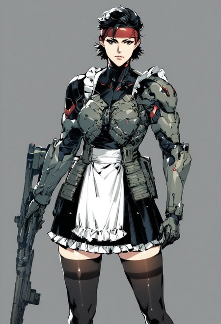 score_9, score_8_up, score_7_up, 1girl, black hair, short hair, maid outfit, frills, black dress, white apron, standing, looking at viewer, holding weapon, mechanical elements, futuristic, solo, headband, detailed background, gloves, thigh-highs, cosplay, intricate design, dark background, sci-fi, red accents, armor,yoji_shinkawa