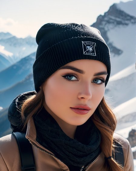 <lora:EuroBabe-XL:1> eurobabe, 1Female. Beautiful and sexy. Light makeup. Detailed eyes. Wearing sexy Tomb Raider style snow gear. Beanie. Perfect eyes, highly detailed beautiful expressive eyes, Detailed eyes. Eyeliner. Standing on the top of a snowy mountain. Vast open view in the background, mountains, hills, trees, snow, clouds, 35mm photograph, film, bokeh, professional, highly detailed dynamic lighting, photorealistic, 8k, raw, rich, intricate details, key visual, vivid colors.