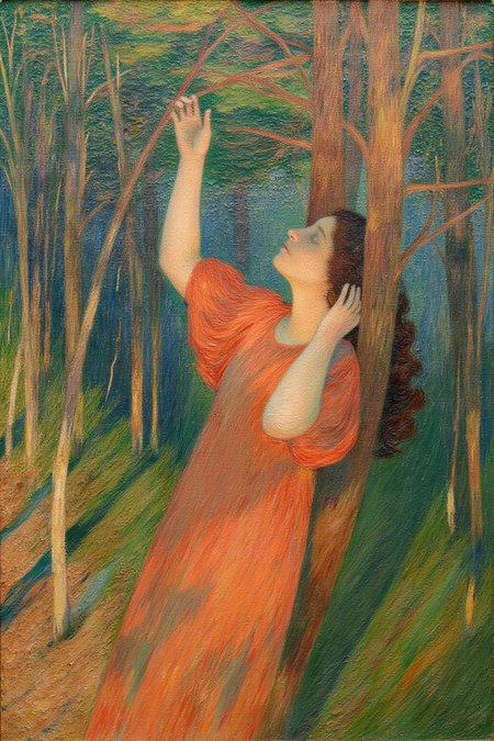 henrimartin1 painting. 
A woman in an orange dress stands in a forest among tall trees. She is leaning her back against the trees and reaching upward toward the branches. The background includes varying shades of green and blue. <lora:henrimartin1_cap_d8a4e12:1.0><lora:851854271413504476:0>