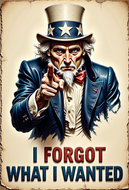 An illustration resembling the classic Uncle Sam recruitment poster, but with a twist. Uncle Sam is depicted as extremely old, frail, and skinny, with a hunched posture. His hair and beard are thin and wispy, and his face is wrinkled and tired-looking. He still wears his traditional patriotic outfit, but it looks worn and slightly tattered. He points at the viewer with a shaky hand, maintaining the classic pose. Below the illustration, the text reads: 'I forgot what I wanted' in bold, slightly faded letters, adding a humorous and ironic touch to the image. <lora:flux_vividizer.safetensors:0.75>,  <lora:aidmaImageUpgrader-FLUX-V0.1.safetensors:1.0>, detailmaximizer <lora:Dever_Flux_Enhancer.safetensors:0.5>,