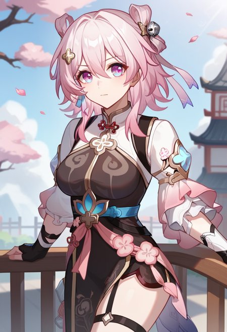 score_9,score_8_up,score_7_up,<lora:march_7th_(hunt))_pony-000020:0.8>,march_7th_(hunt)_(honkai:_star_rail),1girl,solo,pink_hair,blue_eyes,pink_eyes,official_alternate_costume,hair_between_eyes,medium_hair,medium_breasts,hair_ornament,black_dress,chinese_clothes,