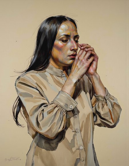 By Craig Hanna. A portrait of an elderly woman with a thoughtful expression, depicted in a realistic style with soft shading and highlights. the woman, who appears to be in her late 60s or early 70s, has long black hair and is wearing a beige blouse with a high collar. she is positioned in the middle of the image, with her upper body facing the viewer and her eyes closed. her hands are clasped together in front of her face, as if she is deep in thought. the background is a plain beige color, and the image has a watermark in the bottom left corner, indicating that it is an artist signature.