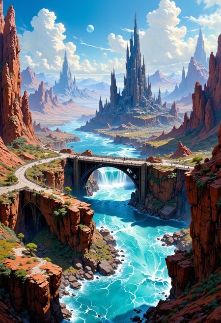 oil painting, rough, textural, broad brush strokes, of a bustling city on an alien planet, a bridge running over a clear, fast-flowing large river with azure waters, mythp0rt