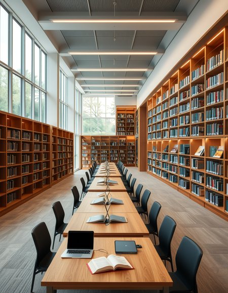 A high-resolution, ultra-realistic photograph of a modern college library interior. The scene showcases a spacious, open-plan design with large floor-to-ceiling windows allowing natural daylight to flood the space. The architectural style is contemporary, featuring minimalist furniture with clean lines: sleek wooden tables, ergonomic chairs in neutral tones (gray and beige), and built-in bookshelves made of light oak wood.
In the foreground, a group of diverse students (varied ethnicities and genders) are quietly studying, some using laptops, others reading books, with focused, calm expressions. One student is sipping coffee from a reusable cup.
The background displays rows of neatly organized books, indoor plants adding a touch of greenery, and modern pendant lights hanging from the ceiling, providing warm, ambient lighting. The floor is covered with soft gray carpet, and large abstract paintings decorate the walls, contributing to a cozy and intellectual atmosphere.
The overall mood is peaceful, studious, and inspiring, with balanced natural and artificial lighting, crisp details, and realistic textures, captured as if by a professional architectural photographer using a full-frame camera.
 <lora:SDXLFaeTastic2400:0.4> <lora:extremely_detailed:0.4> extremely detailed,<lora:modern_c0ll3g3_l1br4ry:1>,modern c0ll3g3 l1br4ry, Masterpiece,best quality,hi res,8k,hi res,8k,award winning,(sharp focus, intricate, highly detailed),