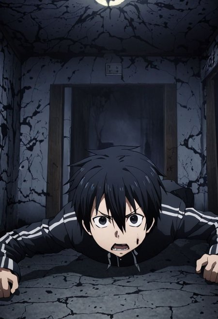 high resolution, solo, best quality, 1Boy, Kazuto Kirigaya, Black Hair, Black Eyes, guts's test, haunted place, OverallDetail
