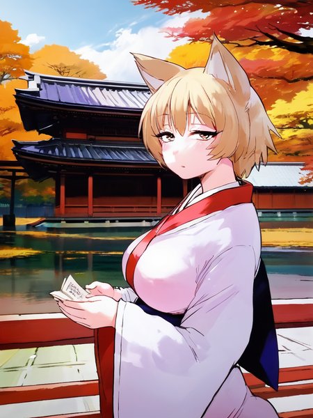 anime drawing of fuchibeppu chiyuri girl, masterpiece, best quality, miko prays in a Shinto shrine in honor of the fox goddess, blonde hair,  <lora:fuchibeppu_safetensors:1>