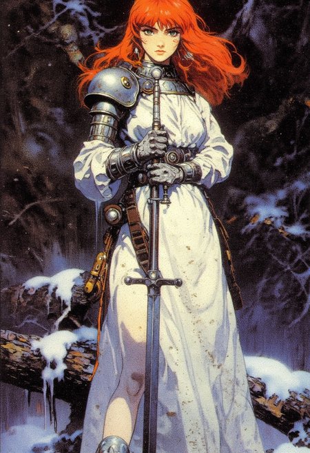 Frank Frazetta fantasy oil painting with 90s retro futuristic anime elements without noise or comic halftone effect. The subject is a woman with bright red hair blowing in the wind and green eyes. Her face showing a serious expression. The stark white gossamer dress. Her body is slender and athletic. Her body is slender and pale. she wears a medieval knights breastplate over her dress, she stands defiantly with both hands on her hips. The background is a detailed dark and snowy forest.  The composition and the poses are dynamic. The composition is dominated by cool tones, with a muted, slightly gritty texture that enhances the gritty, medieval fantasy atmosphere.