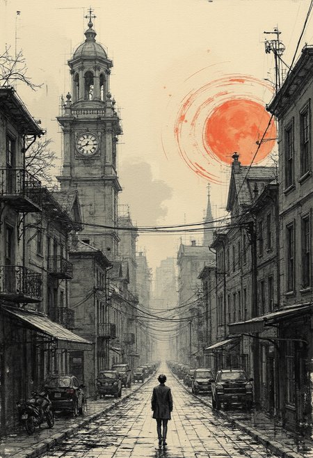 Embark on an ink-washed odyssey through a surreal urban world tiled in muted earth tones, where your gaze drifts vertically between layers of varying hues. In each vertical stretch, the monochromatic cityscape transforms subtly, seamlessly integrating different moods and perspectives into one unified dreamscape. The foreground showcases bold lines and sharp contrasts, reminiscent of the vibrant essence of life in this imaginary metropolis. As you gaze further into the distance, the ink-wash hues soften and blend harmoniously with misty wisps that engulf the landscape.  Within this ethereal realm, a solitary figure stands within a striking ink-wash portrait, bathed in melancholic emotions and isolation. Each brushstroke carries a narrative weight, revealing the depths of the dreamers soul as their vulnerability echoes across the landscape. The ink-wash lines pulse with life, as if breathing new perspectives into the ever-changing tapestry of dreams.  Amygdala Falls illuminates the citys eastern side, casting a warm glow onto the cold stone edifices while painting the sky in hues of reds and oranges. This shift in color scheme serves as a stark contrast against the monochromatic tiling elsewhere. Meanwhile, beyond this luminescent sunset lies another tiled area where soft blues and greens create an atmosphere reminiscent of tranquil waters or the quiet forests found far away from urban chaos.  As day turns into night, the scene transforms once more. In one horizontal stretch, streetlights flicker on across rooftops and buildings, bathing the cityscape in the glow of urban illumination. Elsewhere, as midnight descends, an eerie blue light filters down from the heavens, casting long shadows upon cobblestone roads and alleyways. These stark transitions evoke a sense of unpredictability and wonderment as you continue exploring this ink-washed dreamworld tiled with myriad emotions and experiences.  Ultimately, this digital illustration fuses the fantastical with reality while immersing viewers in its mesmerizing embrace. Each intricately detailed tile tells a story, inviting us to delve deeper into the complexities of urban life juxtaposed against ethereal dreamscapes. The result is an immersive visual journey that leaves us spellbound within its surrealistic canvas. ,<lora:flux/fav/ck-charcoal-drawing-000014.safetensors:1.0:1.0>