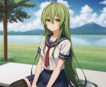 score_9, score_8_up, score_7_up, highres, hi res, best quality, masterpiece, 2d, intricate details, 4k, anime coloring, shadow, uncensored,
1girl, solo, female, long hair, hair between eyes, very long hair, yellow eyes, green hair, ahoge, 
school uniform, serafuku, sailor collar, necktie, red necktie, pleated skirt, stocking, thighhighs, 
upper body, portrait, looking at viewer, sitting, 
outdoors, on grass, grass, field, depth of field, horizon, field, blue sky, cloudy sky, mountains, forests, tree, <lora:Satori_Tamaba1024_Pony:1>, busou shoujo machiavellism, tamaba satori,