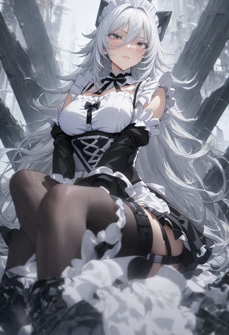 gorgeous lips, (masterpiece), (best quality), (ultra-detailed), very aesthetic, intricate details, absurdres, (anime, masterpiece, intricate:1.3), (best quality, hires textures, high detail:1.2), (4k),(incredibly detailed:1.4)
1woman, long hair, Brown eyes, lips, mouth, high pointed nose, medium breasts, White hair, wild hair. milf, closed mouth
<lora:sovetsky_soyuz_XL_v1.0:1>, sovetsky_soyuz
(black and white maid outfit, mini skirt:1.2)
full body