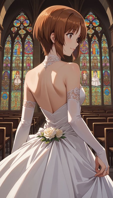 score_9, score_8_up, score_7_up, source_anime, smile dress, bridal gauntlets, back, nape, strapless dress, wedding dress, white dress, simple background, indoor, church
 <lora:GUPMiho:1> 1girl, nishizumi miho, brown hair, short hair, brown eyes,