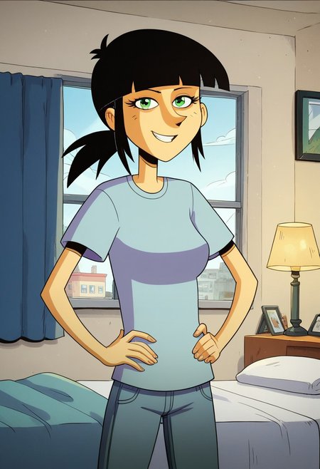 score_9, score_8, score_7, high quality, masterpiece, 1girl, solo, female focus, Sarah_TADL, light skin, green eyes, black hair, straight fringe, low ponytail hairstyle, light blue short-sleeve T-shirt, tight blue jeans, black shoes, smile, standing, indoors, bed, bedroom, nightstand, lamp, window, looking at the viewer, hands on hips, perfect hands. perfect smile, perfect eyes