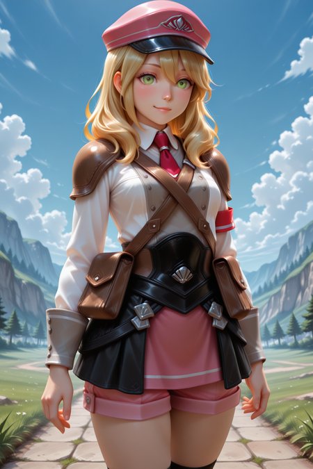masterpiece, best quality, amazing quality, 1girl, solo, makeup, general, looking at viewer, blush, smile, bright sky, cloud, outdoors, (fantasy), <lora:RF5_Alice:1>, RF5_Alice, long hair, blonde hair, green eyes, hair between eyes, breasts, uniform, shirt, collared shirt, jacket, pink shorts under skirt, skirt, pink headwear, peaked cap, long sleeves, armband, red necktie, shoulder armor, belt, belt pouch, bag, socks, kneehighs, boots, <lora:wai-2Rectified-V140:1>, <lora:Illustrious_-_Refiner:1>