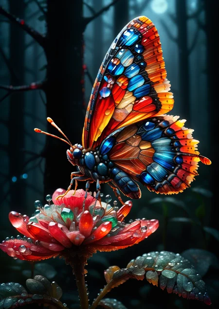amazing quality, masterpiece, best quality, hyper detailed, ultra detailed, UHD, depth of field, 
butterfly, parking on (red floret), night, magic forest, fog, firefly, transparent and polishing ral-ntrgmstn, on side, darkness, glowing, (dazzling light:1.2), water droplets after rain,
<lora:ral-ntrgmstn:1.2>, 
<lora:add-detail-xl:0.8>,
<lora:quality1:0.8>,