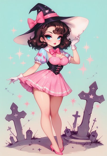 score_9, score_8_up, score_7_up,
masterpiece, best quality, detailed, amazing quality,
detailed background, graveyard, pastel,
detailed eyes, clean eyes, 
dynamic pose,
solo, 1woman, woman, pale skin, short hair, blue eyes, dark brown hair, messy hair, curvy,
easynegative,
k33n3r, reij-pnkwtch, short skirt, hat