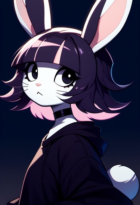 score_9, score_8_up, score_7_up, source_furry, FMW1, fluffy, painterly, vibrant details, Bubny,1girl,solo,rabbit girl,bangs,black hair,short hair,rabbit ears,multicolored hair,blunt bangs,furry female,black eyes,pink hair,purple hair,choker,rabbit girl,two-tone hair,rabbit tail,animal nose