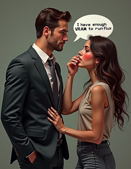 realistic image, professional photo , man saying in speech bubble "I have enough VRAM to run Flux", man is confident and calm, man is wearing classy suit , aroused blushing woman biting her own lip, woman looking at man with adoration and desire, woman is wearing casual clothes , perfect anatomy