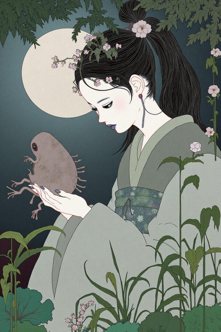 kchiba1 illustration.
A young woman with her hair styled in a high ponytail adorned with a small delicate flower. She is looking down at a toad in her hand.
There is a bright full moon in the background.
 <lora:kchiba1_cap_d6a3:1.0><lora:837662770695521049:0>
