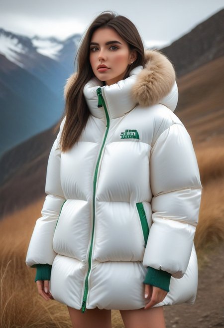 ((((sherpa puffer padded jacket)))), ((((sharpa puffer padded coat)))), ((((puffer skirt)))), ((((cowboy shot)))), ((((from back)))), standing, winter, snow, mountains, 1girl, solo, (masterpiece), (detailed face, detailed eyes), (beautiful detailed eyes:1.5), sidelighting, (super detail, hyper detail, intricate_details, detailed), looking at viewer, (semi realistic:1.6), very detailed face, (Blonde hair), (white hair), absurdly long hair, hair between eyes, (straight hair), (green eyes), put your hair behind your ears, eyelashs, eyeliner, (eye shadow:0.5), wet hair, sweat, white skin, Angry face, (blush), padded cuffs, padded collar, Thick padded cuffs, Thick padded collar, <lora:Collar-SDXL:0.6>, <lora:Cuffs-SDXL:0.6>, <lora:Puffer_Jacket_and_Down_Jacket_-_Extra_Puffy_Jackets:0.6>,  <lora:puffer_skirt_v1:0.6>