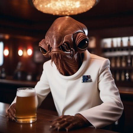 cinematic photo an alien with a strange looking face, star wars, white suit, having a beer in a pub  <lora:AmiralAckbar1024:0.8> . 35mm photograph, film, bokeh, professional, 4k, highly detailed