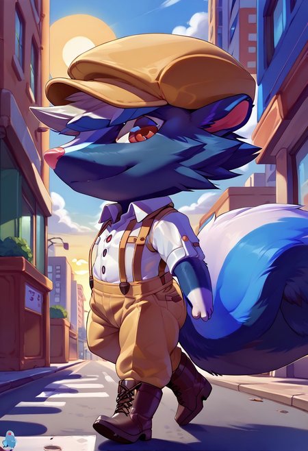 score_9, score_8_up, score_7_up, gorgeous, high detail, masterpiece, detailed face, stunning, detailed body,
1boy, male, solo anthro,  
by rajii,
rear view,
  walking away from viewer, looking over shoulder, looking back, looking at viewer,  (KicksAC, skunk, big tail,  beige hat, red eyes:1.4), (blue fur:1.6), boots, chibi, tiny feet
(white collared shirt, beige suspenders, beige slacks:1.4), 
smile,
city streets setting, sun, blue sky, white clouds, buildings, zPDXL3