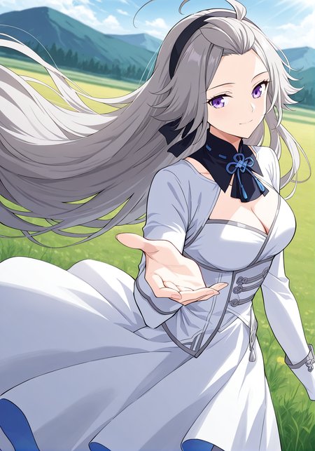 <lora:Han_Yue__Battle_Through_the_Heavens__Illustrious:1>
1 girl, solo, purple eyes, grey hair, very long hair, 
ahoge, white dress, long sleeves, black hairband, black knee boots, cleavage, blue ribbon, clothing cutout, cleavage cutout, 
score_9, score_8_up, score_7_up, very aesthetic, source_anime, detailed, high quality, beautiful, masterpiece, detailed eyes, field, blurry background, pose dynamic angle, upper body, cowboy shot, light smile, looking back, reaching out, floating hair
