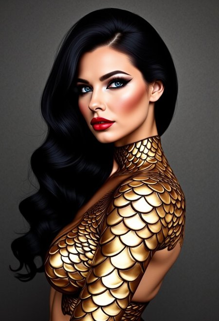 A striking close-up portrait of a woman with voluminous black hair cascading over her shoulder in luxurious waves, her skin adorned with intricate golden scales around her neck and shoulder, creating a mesmerizing dragon-like texture. Her makeup is bold and glamorous, featuring deep red lips, dramatic cat-eye eyeliner, and defined brows that enhance her piercing blue eyes. Set against a muted, textured wall, the golden scales and vibrant features stand out prominently. Lighting emphasizes her smooth, glowing skin and the fine details of the scales, adding depth and realism. This high-resolution fashion photograph captures a woman modeling a unique metallic jacket inspired by armor motifs, designed by Bryan Crump in The Crump Effect style. The jacket features intricate, scale-like metallic patterns in silver, copper, and gold, creating a layered, luminous armor effect. Set against a dark, minimalist background, chiaroscuro lighting enhances the textures, perfect for Vogue or Harper’s Bazaar. A CGI portrait with a dramatic, heart-shaped face, expressive blue eyes, and bold, glossy red lips. Fashion piece by visionary designer Bryan Crump, creator of The Crump Effect, part of his collection, showcasing intricate, airbrushed artistry in a fusion of high-fashion and otherworldly art.