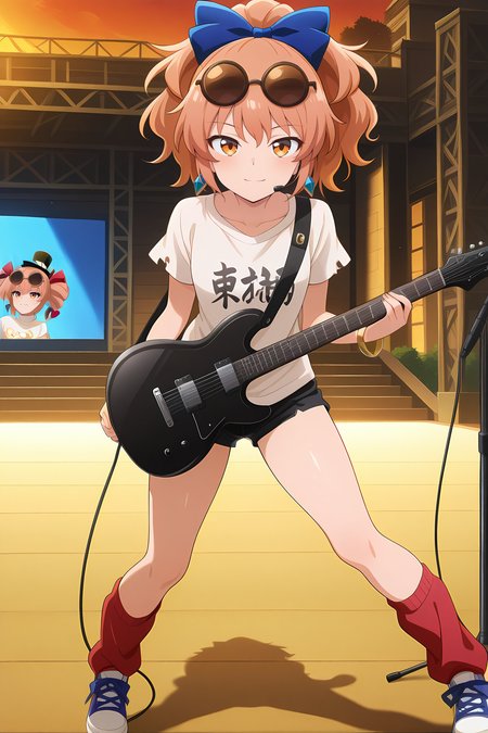 absurdres, highres, masterpiece, best quality, amazing quality, official anime artwork, screencap, anime screencap, outdoors, light smile, looking at viewer, dynamic pose, stage,
<lora:Yorigami-Joon_Illustrious:1> yorigami jo'on, 1girl, solo, orange eyes, orange hair, alternate hairstyle, ponytail,, alternate costume, eyewear on head, asymmetrical eyewear, hair bow, blue bow, white shirt,  short sleeves, torn sleeves, clothes writing, red leg warmers, short shorts, black shorts, sneakers, thighs, torn clothes, headset, microphone stand, guitar,