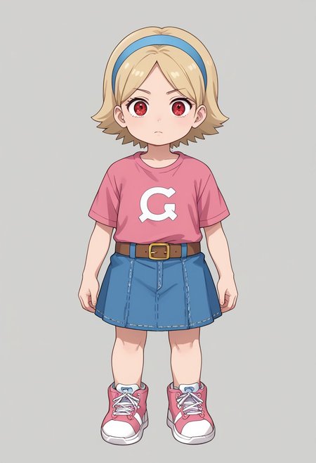 score_8, score_8_up, score_7_up, BREAK female focus, 1girl, solo, dorinha, short hair, shirt, skirt, short sleeves, hairband, shoes, belt, blue skirt, denim, sneakers, pink shirt, pink footwear, brown belt, blue hairband, denim skirt, standing, animedoujutsu, , animeeyes, solid circle eyes, red eyes, sharingan, sharingan \(three\),