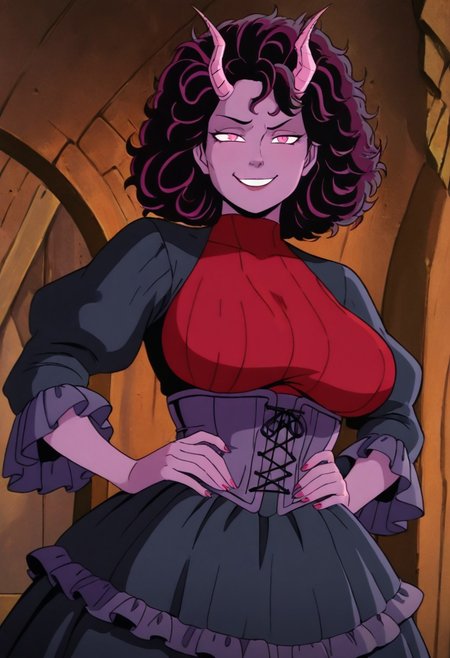 masterpiece, best quality, newest, absurdres, highres, 
X-1990STV1.0, 
1girl, demon girl, Purple skin, Purple colored skin, colored skin, curly hair, corset, red coreset, frills, frilled dress, black dress, pink eyes, black hair, smug, smile, horns, demon horns, mature, mature female,