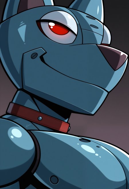 masterpiece,best quality,amazing quality, 1boy, solo, 3nr1qu3, robot dog, anthro, muscular, red eyes, red collar, close up, side angle, smug,